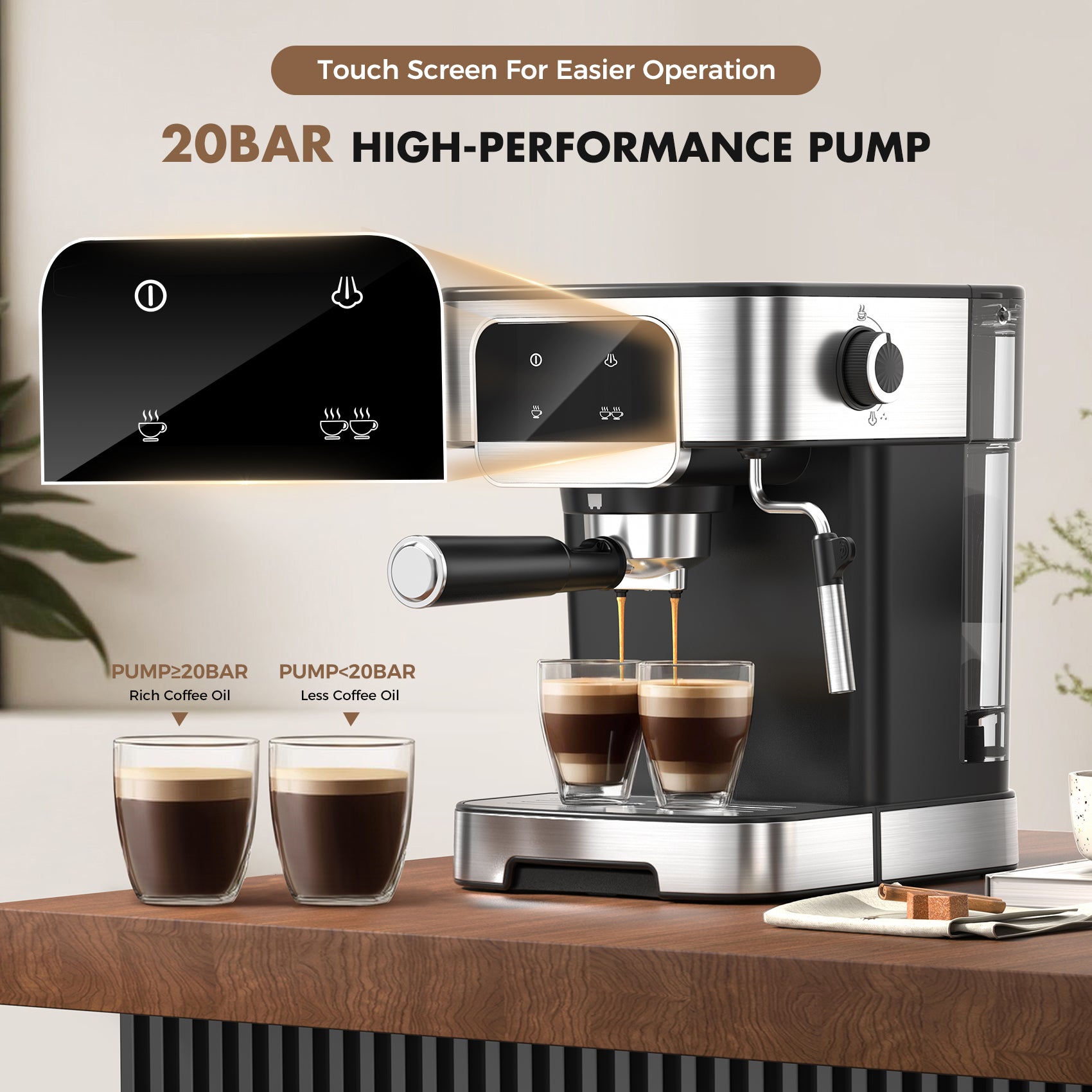 Espresso Machine 20Bar with Power Milk Frother, LED Touch Screen, Black
