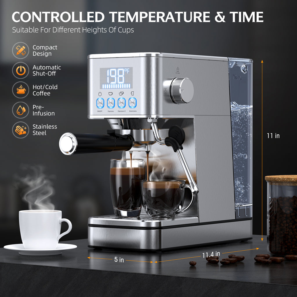 LERTIN Espresso Machine 20Bar with Display Time & Temp, Make Cold Brew, Silver