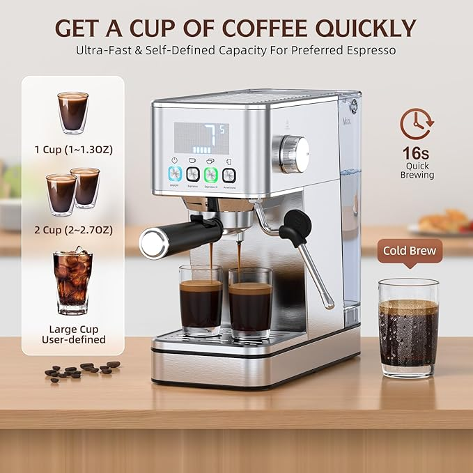 LERTIN Espresso Machine 20Bar with Display Time & Temp, Make Cold Brew, Silver  (2026 New Release)