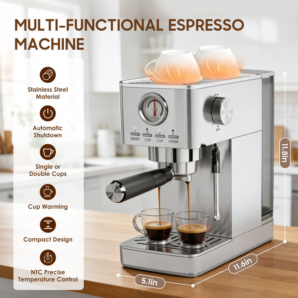 LERTIN Espresso Machine 20Bar with Pressure Gauge, 47 OZ Water Tank, Silver