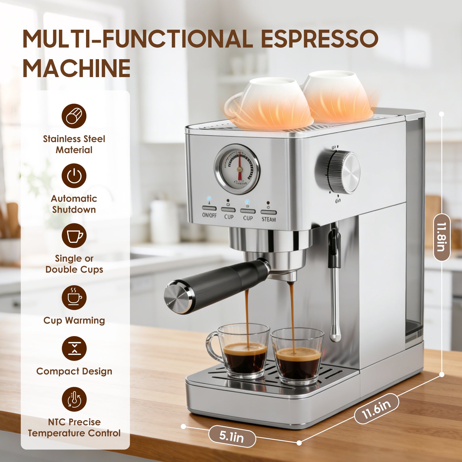 LERTIN Espresso Machine 20Bar with Pressure Gauge, 47 OZ Water Tank, Silver