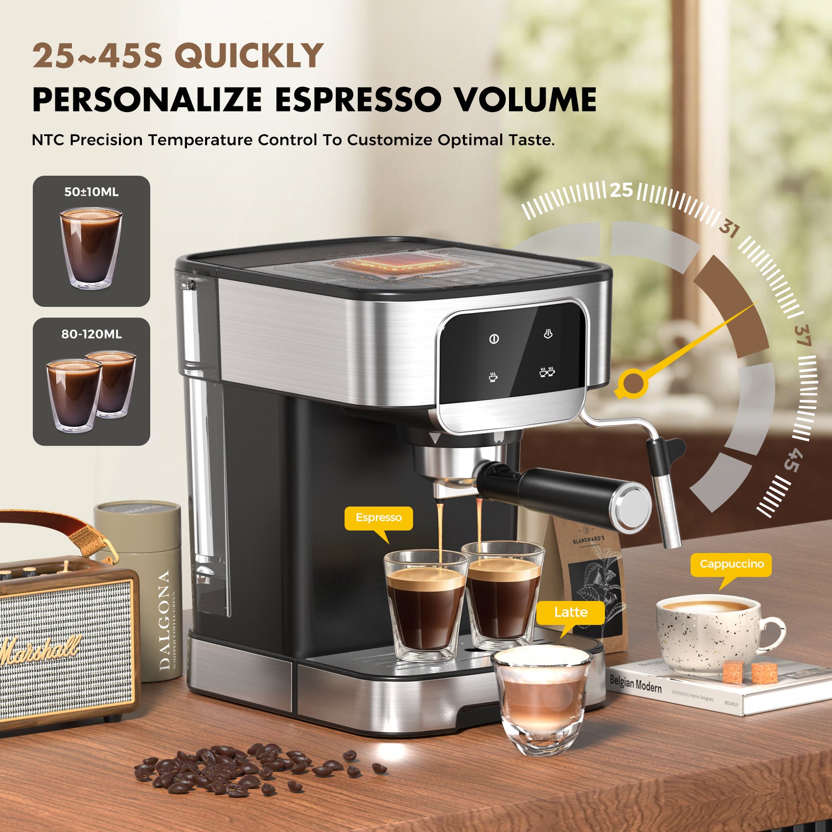 Espresso Machine 20Bar with Power Milk Frother, LED Touch Screen, Black