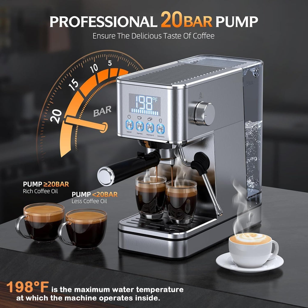 LERTIN Espresso Machine 20Bar with Display Time & Temp, Make Cold Brew, Silver