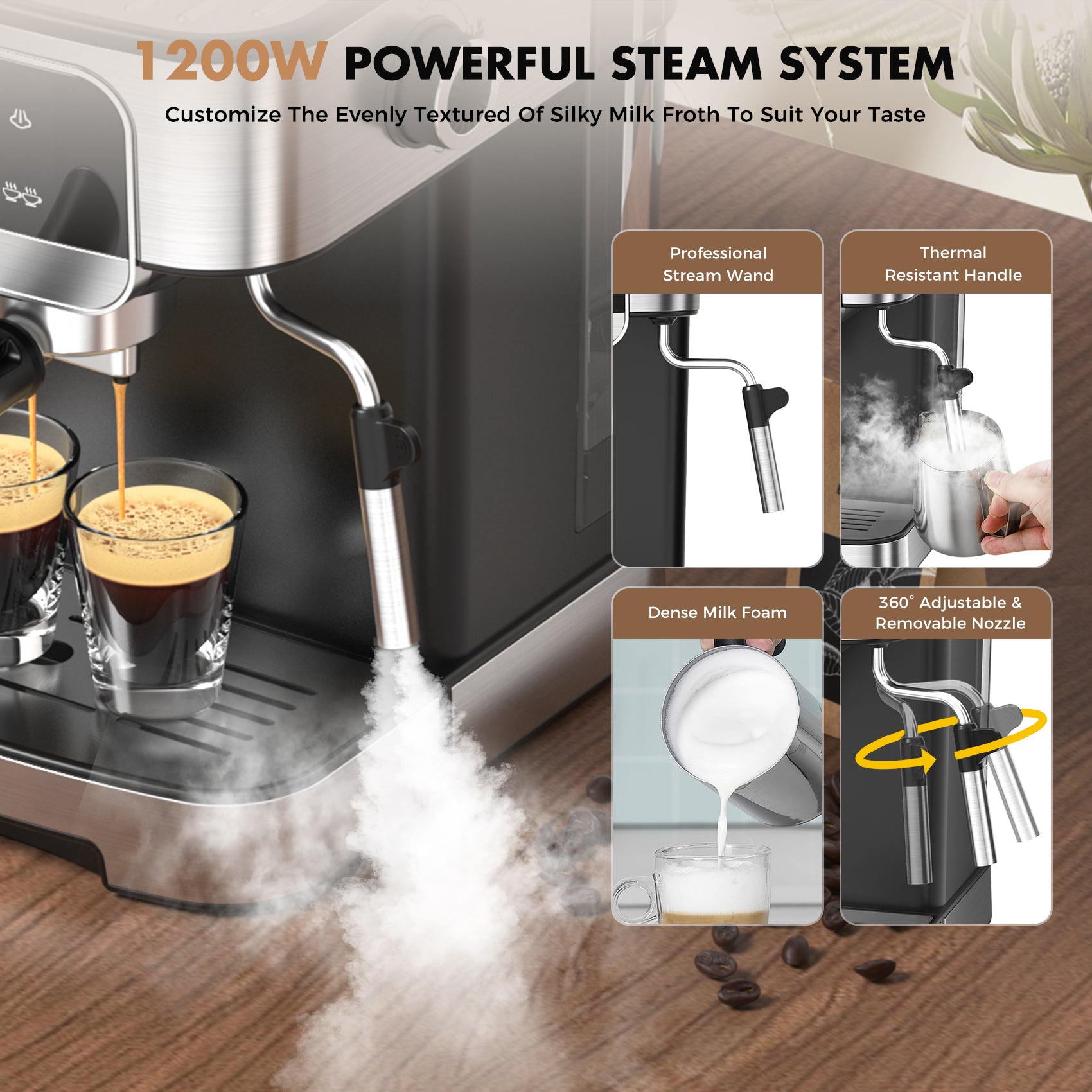 Espresso Machine 20Bar with Power Milk Frother, LED Touch Screen, Black