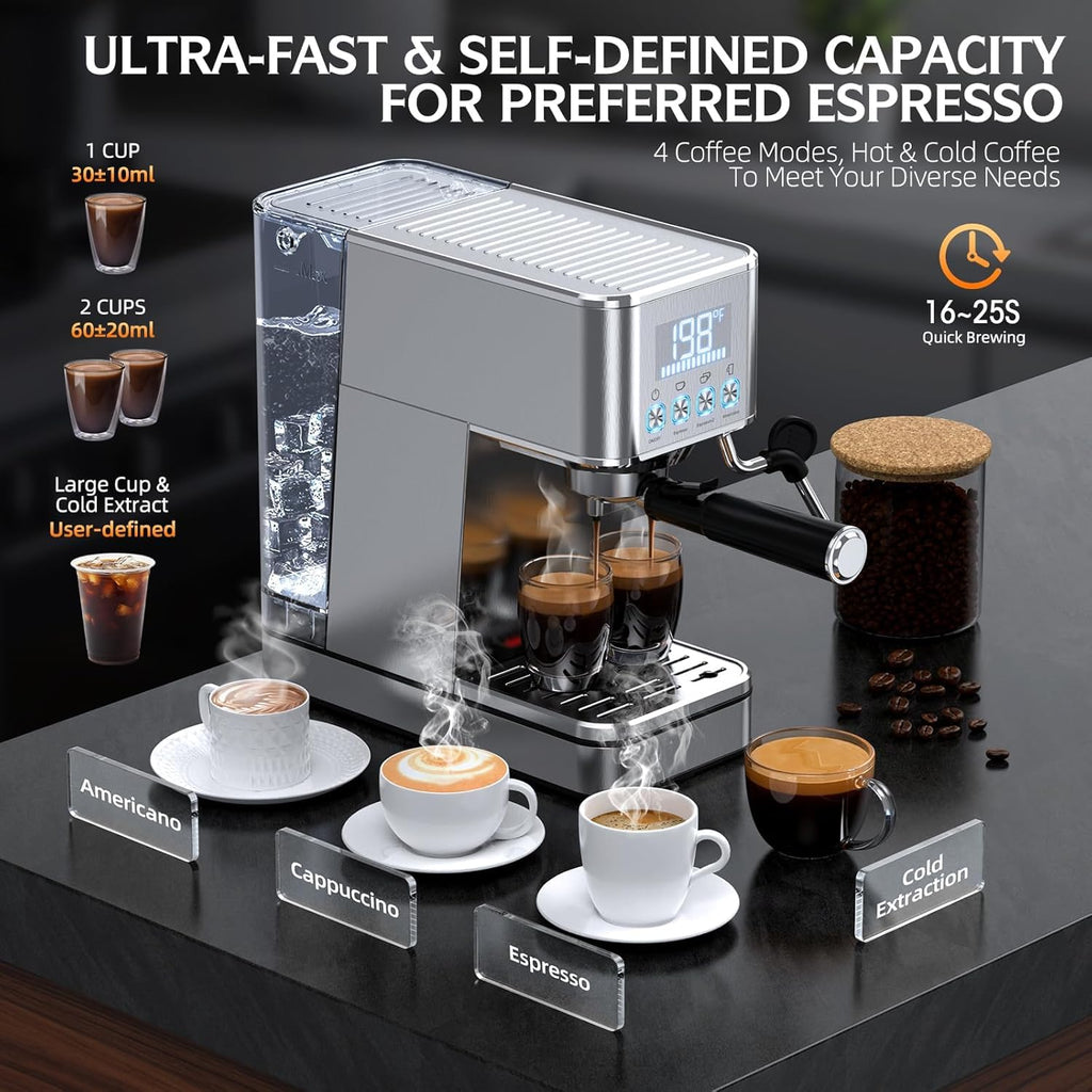 LERTIN Espresso Machine 20Bar with Display Time & Temp, Make Cold Brew, Silver