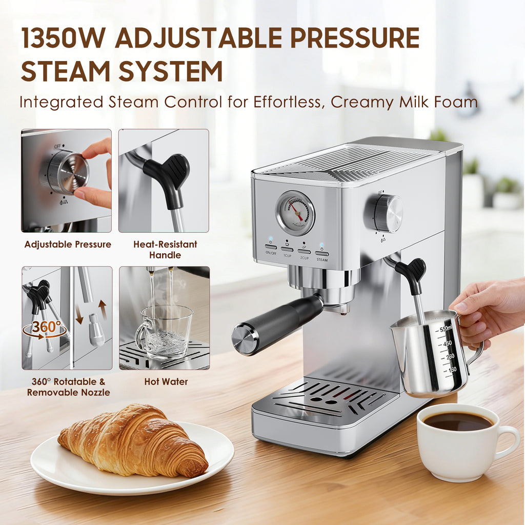 LERTIN Espresso Machine 20Bar with Pressure Gauge, 47 OZ Water Tank, Silver