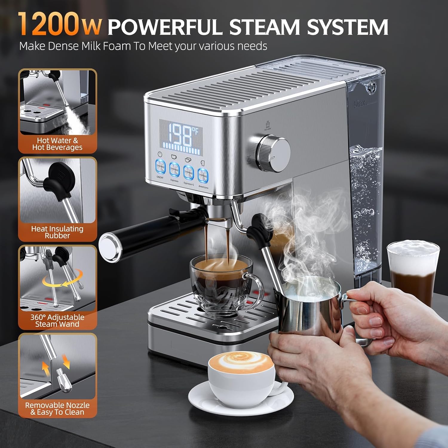 LERTIN Espresso Machine 20Bar with Display Time & Temp, Make Cold Brew, Silver