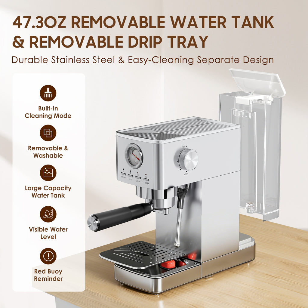 LERTIN Espresso Machine 20Bar with Pressure Gauge, 47 OZ Water Tank, Silver
