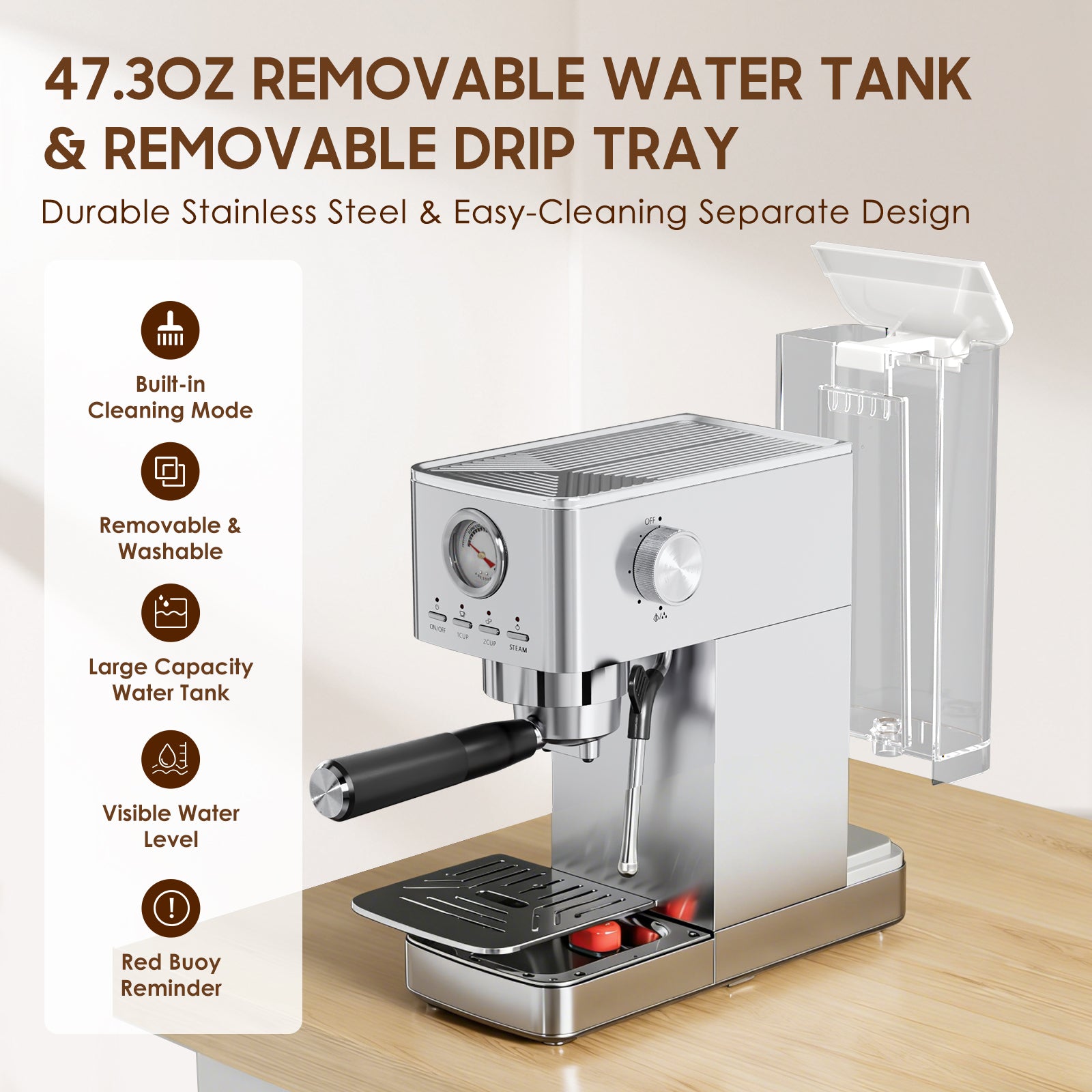 LERTIN Espresso Machine 20Bar with Pressure Gauge, 47 OZ Water Tank, Silver