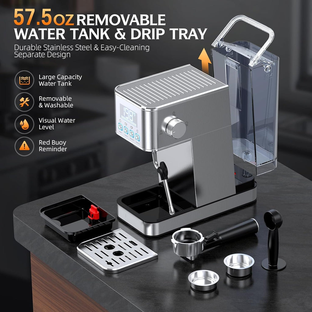LERTIN Espresso Machine 20Bar with Display Time & Temp, Make Cold Brew, Silver