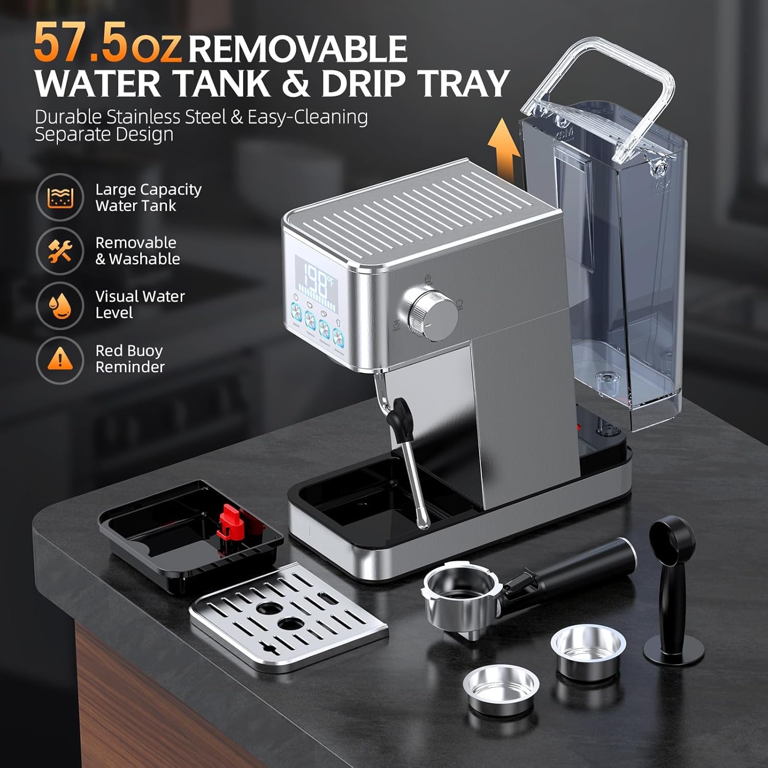 LERTIN Espresso Machine 20Bar with Display Time & Temp, Make Cold Brew, Silver
