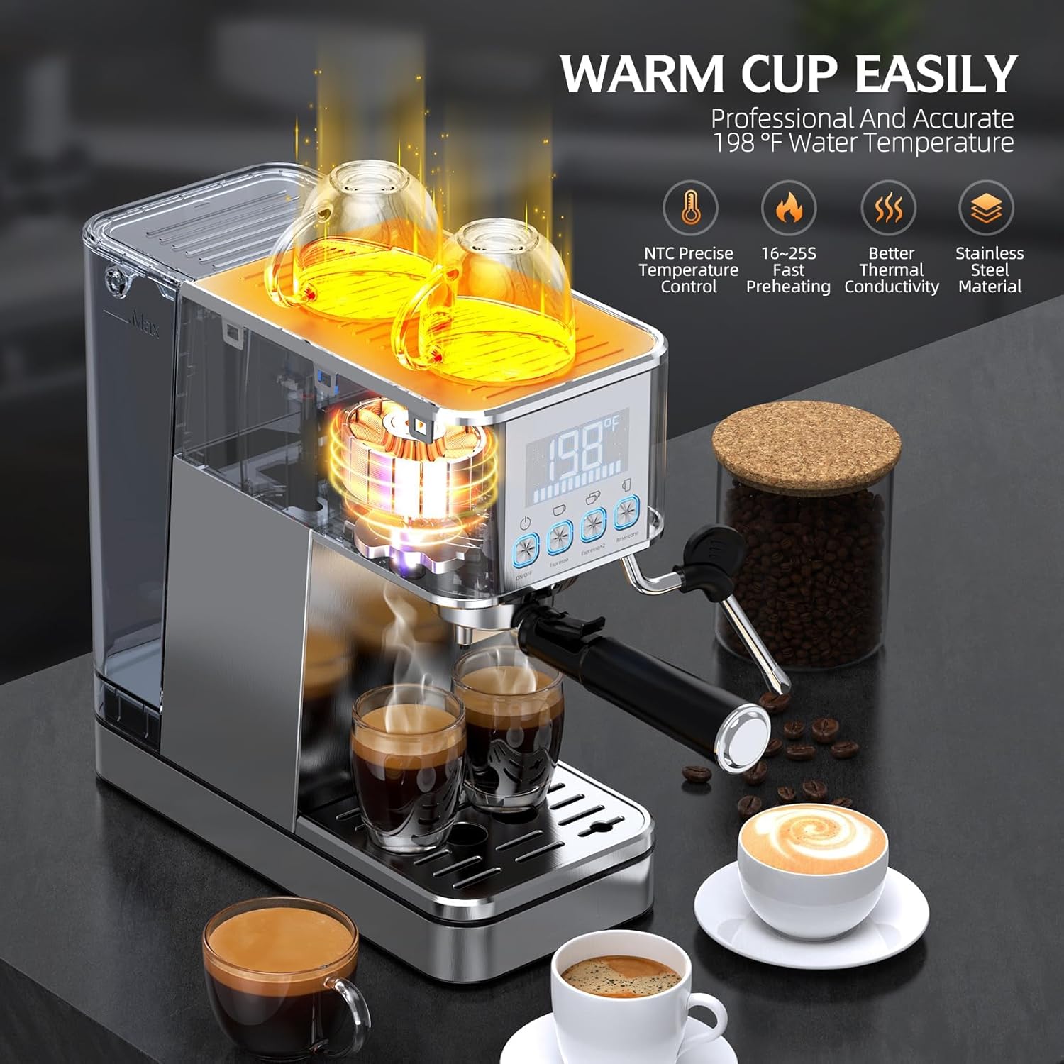 LERTIN Espresso Machine 20Bar with Display Time & Temp, Make Cold Brew, Silver