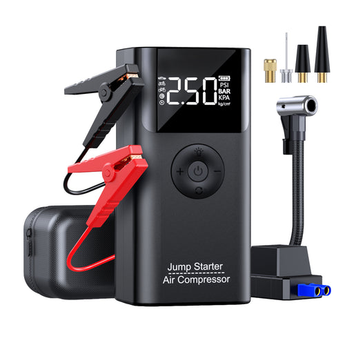 LERTIN 10-in-1 Jump Starter with Air Compressor, 3500A 150PSI Portable 12V Jump Box Car Battery (9 Gas/8 L Diesel), with Auto-Shutoff Tire Inflator, Power Bank, LED Lights, Large LCD Display